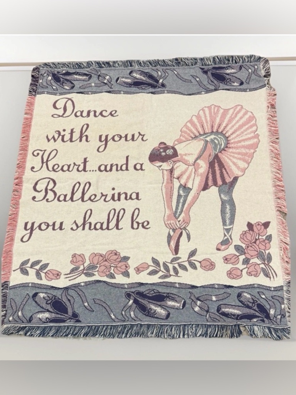 Vintage Ballerina Throw Blanket 50x60 Cotton Tapestry Fringe Ballet